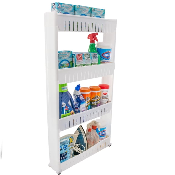 Slim Rolling Storage Cart 4 Tier Narrow Space Saving Mobile Shelving Utility Cart - For Bathroom and Laundry Room Organization - Sturdy Organizer for Kitchen - White