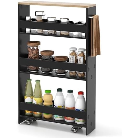 Slim Rolling Storage Cart, 4-Tier Rolling Utility Cart, Wood Kitchen Storage Cart with Handle & Wheels, Narrow Rolling Shelving Unit for Kitchen Bathroom Laundry Small Places (Dark)