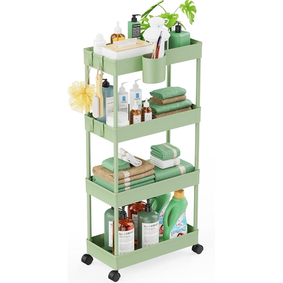 Slim Rolling Storage Cart - 4 Tiers Bathroom Organizer Utility Cart Slide Out Storage Shelves Mobile Shelving Unit for Kitchen, Bedroom, Office, Laundry Room, Small Narrow Spaces7.1" W+Green