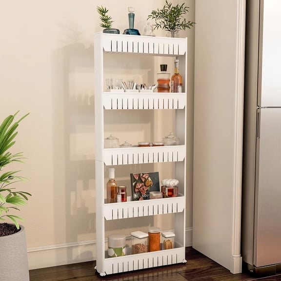 Slim Rolling Storage Cart - 5-Tier Utility Cart with Wheels for Bathroom, Kitchen, and Laundry Room - Bathroom Shelves by (White)