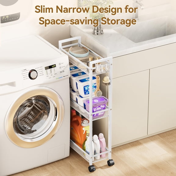 Slim Rolling Storage Cart, Metal 3 Tier Bathroom Storage Organizer Laundry Room Utility Cart for Kitchen, Bthroom, Makeup, Craft, Laundry Narrow Places, White