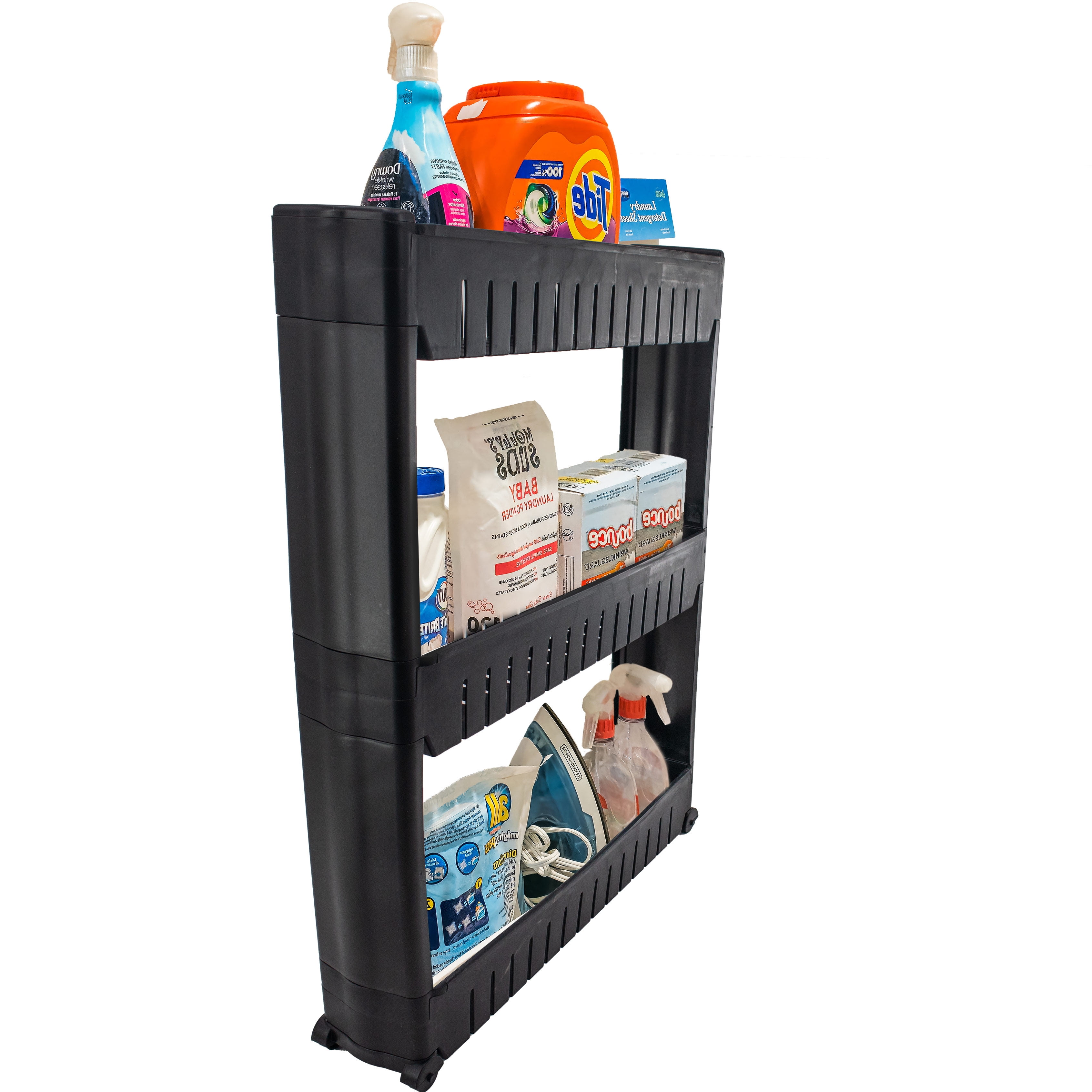 Black Slim Rolling Storage Cart with Adjustable 3-Tier Shelves