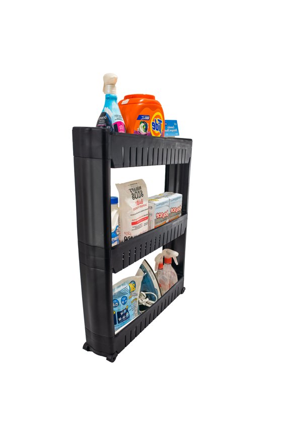 Slim Rolling Storage Cart: Mobile Organizer with Smooth-Glide Wheels for Laundry, Bathroom, Kitchen - Compact 3-Tier Utility with Adjustable Shelves, Pull-Out Design for Narrow Spaces - Black