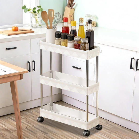 Slim Rolling Storage Cart, Narrow 3 Tier Utility Cart on Wheels for Tight Spaces, Multipurpose Small Space Organizer with Hooks for Kitchen, Bathroom, Dorm Room, White Black Option