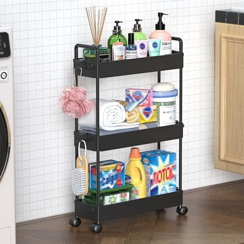 Slim Rolling Storage Cart with Wheels 3 Tier Skinny Bathroom Storage ...