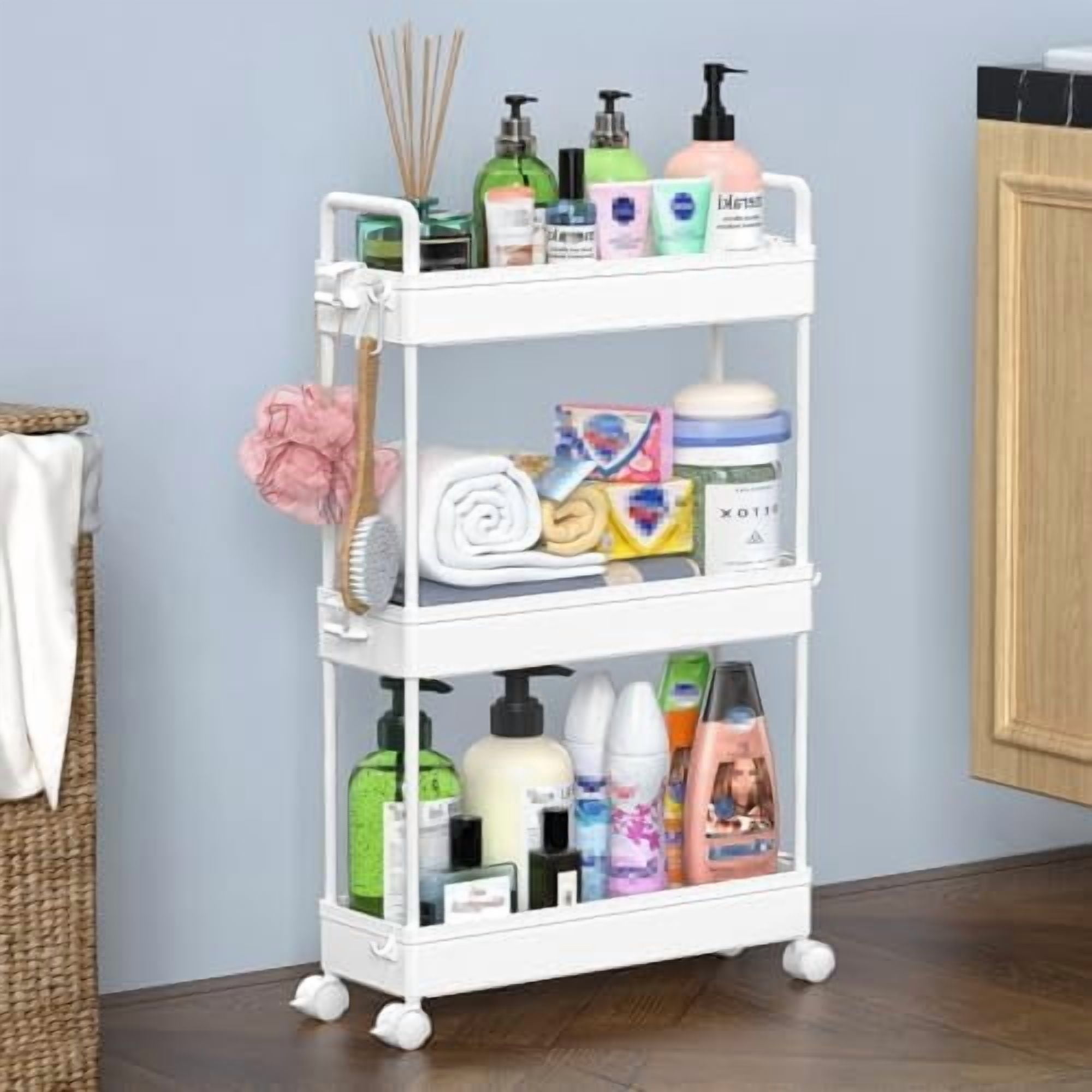 Slim Rolling Storage Cart with Wheels 3 Tier Skinny Bathroom Storage Organizer Thin Laundry Room Utility Cart Space-Saving for Bedside Kitchen Office Small Narrow Places, White