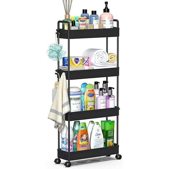 Slim Rolling Storage Cart with Wheels 4 Tier Skinny Bathroom Storage Organizer Narrow Shelf Unit Thin Laundry Room Utility Cart for Bedside Kitchen Office Next to Fridge Small Places, Black