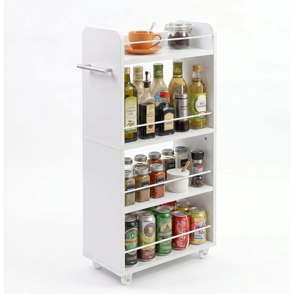 Slim Rolling Storage Cart with Wheels,4 Tier White Rolling Utility Cart with Handle Slide Out Spice Rack Organizer Trolley for Kitchen Bathroom Laundry for Small Corner