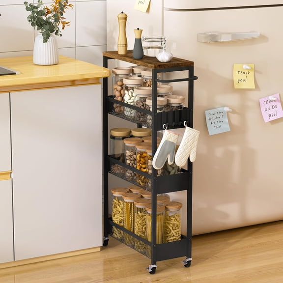 Slim Rolling Utility Cart, 4 Tier Metal Narrow Storage Cart with Handle and Wood Top, Multifunctional Small Mobile Shelf Unit Organizer Trolley for Laundry, Bathroom, Kitchen