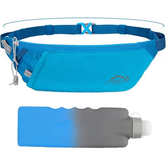 Slim Running Belt Fanny Pack for Women and Men Bag Pack with 300ml Water Bottle for Running Walking Cycling Hiking Reflective Running Pouch Belt for Phones (Black) (Blue)