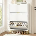 thumbnail image 1 of Slim Shoe Cabinet with 3 Flip Drawers, Fluted Shoe Cabinet Storage for Entryway, Narrow Shoe Storage Cabinet, Modern Freestanding Shoe Rack Organizer for Entryway, White, 1 of 8