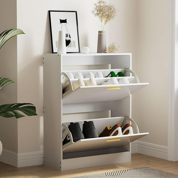 Slim Shoe Cabinet for Entryway, White Narrow Shoe Storage Cabinet with 2 Flip Drawers, Hidden Shoe Cabinet Freestanding Shoe Organizer for Hallway, Apartment, White