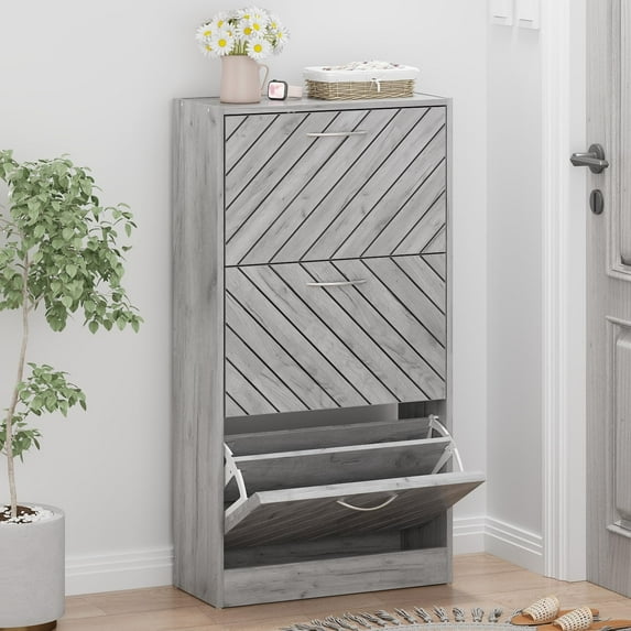 Slim Shoe Cabinet with 3 Flip Drawers, Entryway Organizer, Wooden Narrow Shoe Rack with Removable Shelf, Diagonal Louver Door, Grey
