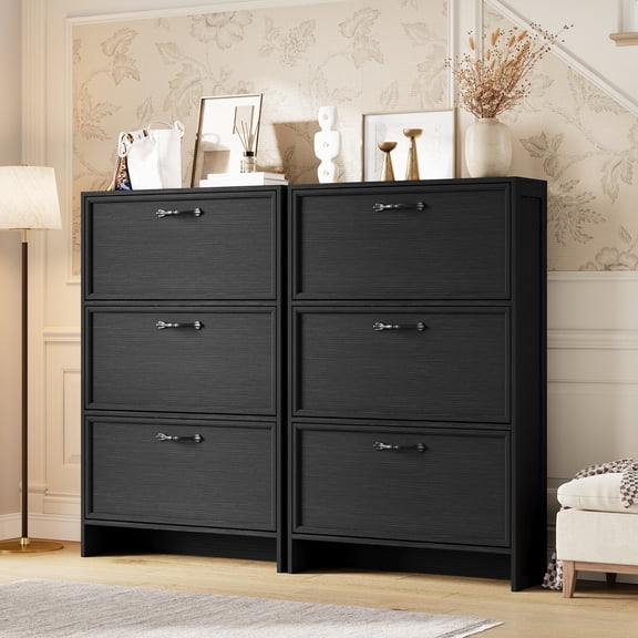 Slim Shoe Cabinet with 3 Flip Drawers Freestanding Narrow Storage Organizer for Entryway, Wood