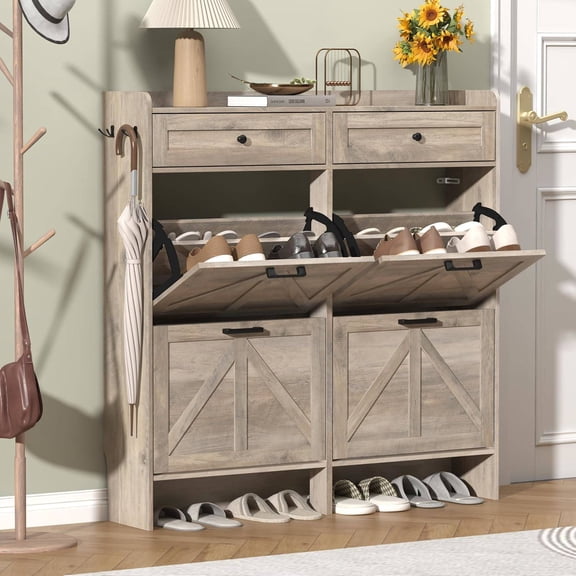 Slim Shoe Cabinet with 4 Adjustable Drawers & 2 Storage Drawers, Narrow Entryway Organizer for Hallway or Front Door