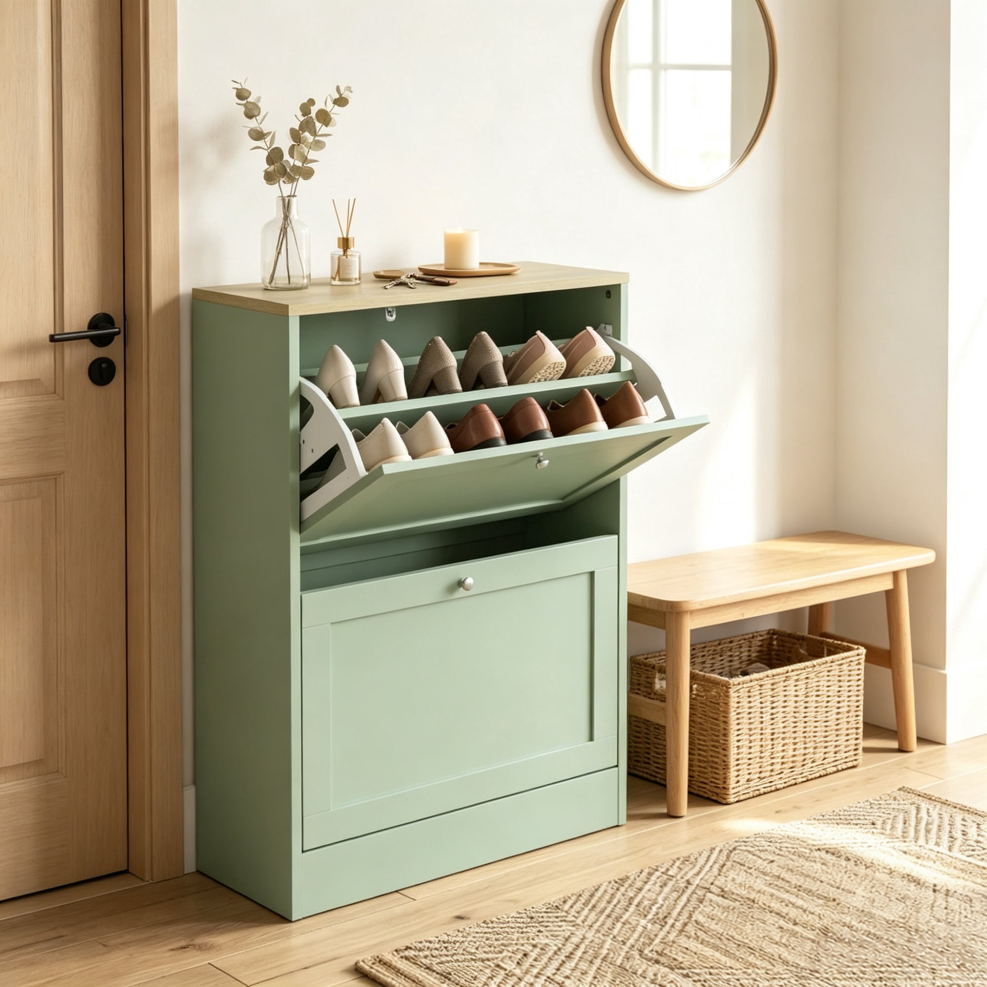 Slim Shoe Storage Cabinet, 2 Flip Drawers & Adjustable Shelves, Holds 8-12 Pairs, Green