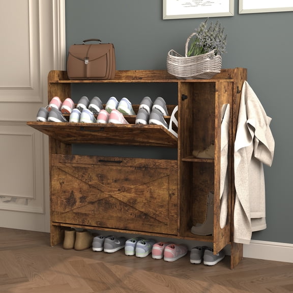 Slim Shoe Storage Cabinet with 2 Flip-Up Drawers & Mirror, Freestanding Narrow Shoe Rack Organizer with Anti-Tip Design, Rustic Brown for Entryway, Hallway