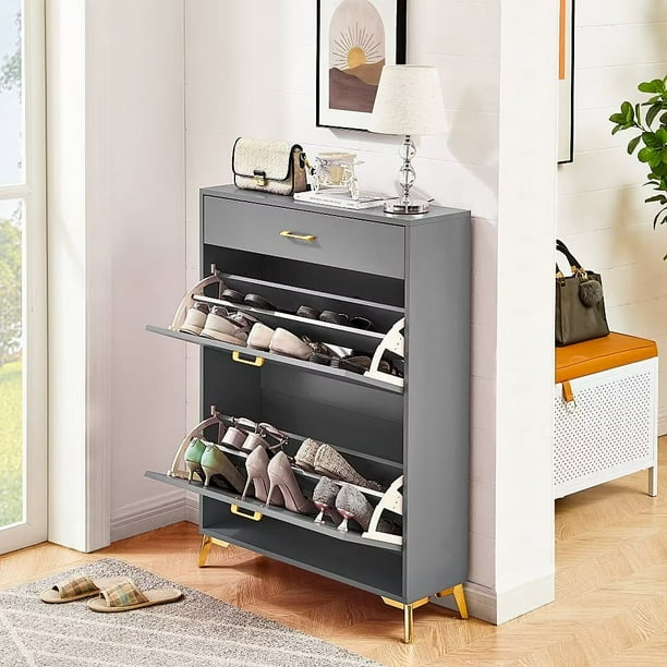 Slim Shoe Storage Cabinet for Entryway Free Standing Small Wooden Hidden Narrow Shoe Rack Organizer with 2 Flip Down Storage Shelves and 1 Drawer Gray Walmart Business Supplies
