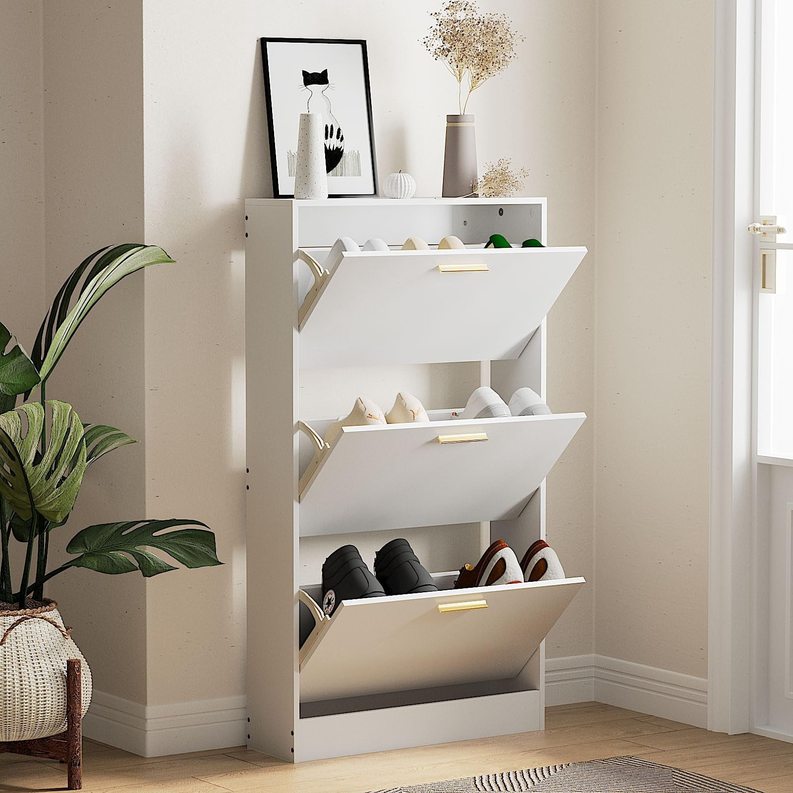 Slim Shoe Storage Cabinet for Entryway, 3 Flip Door Design Shoe