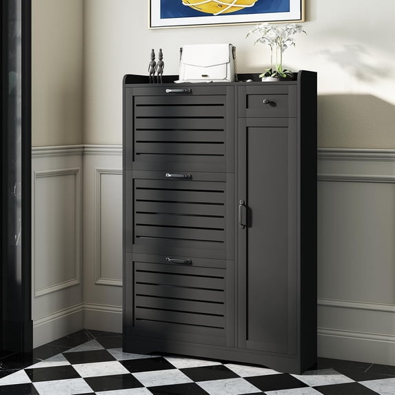 Slim Shoe Storage Cabinet with Doors Drawers Narrow Entryway Rack ...