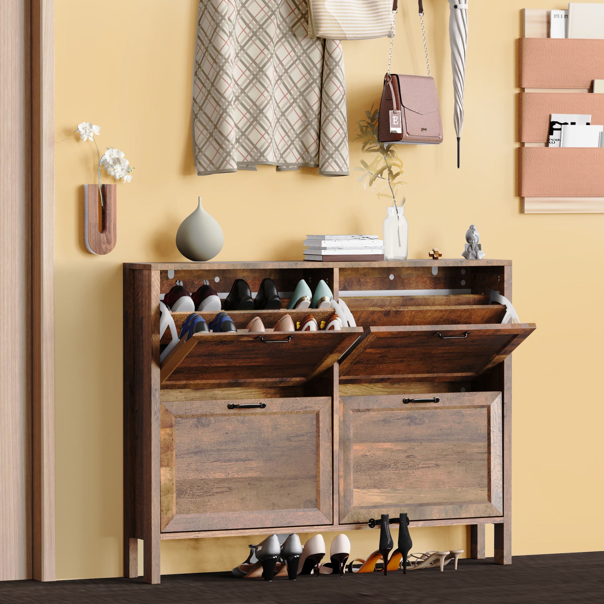 Slim Shoe Storage Cabinet with Four Flip Drawers, Hidden Shoe Storage ...