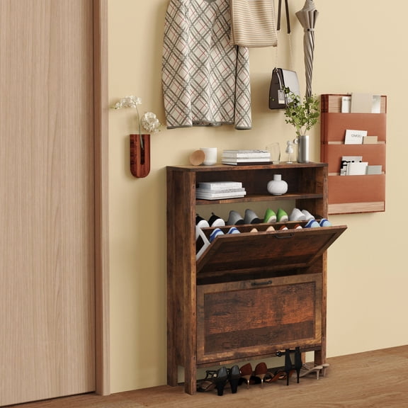 Slim Shoe Storage Cabinet with Two Flip Drawers, Hidden Shoe Storage, Narrow Cabinet with Doors,Brown