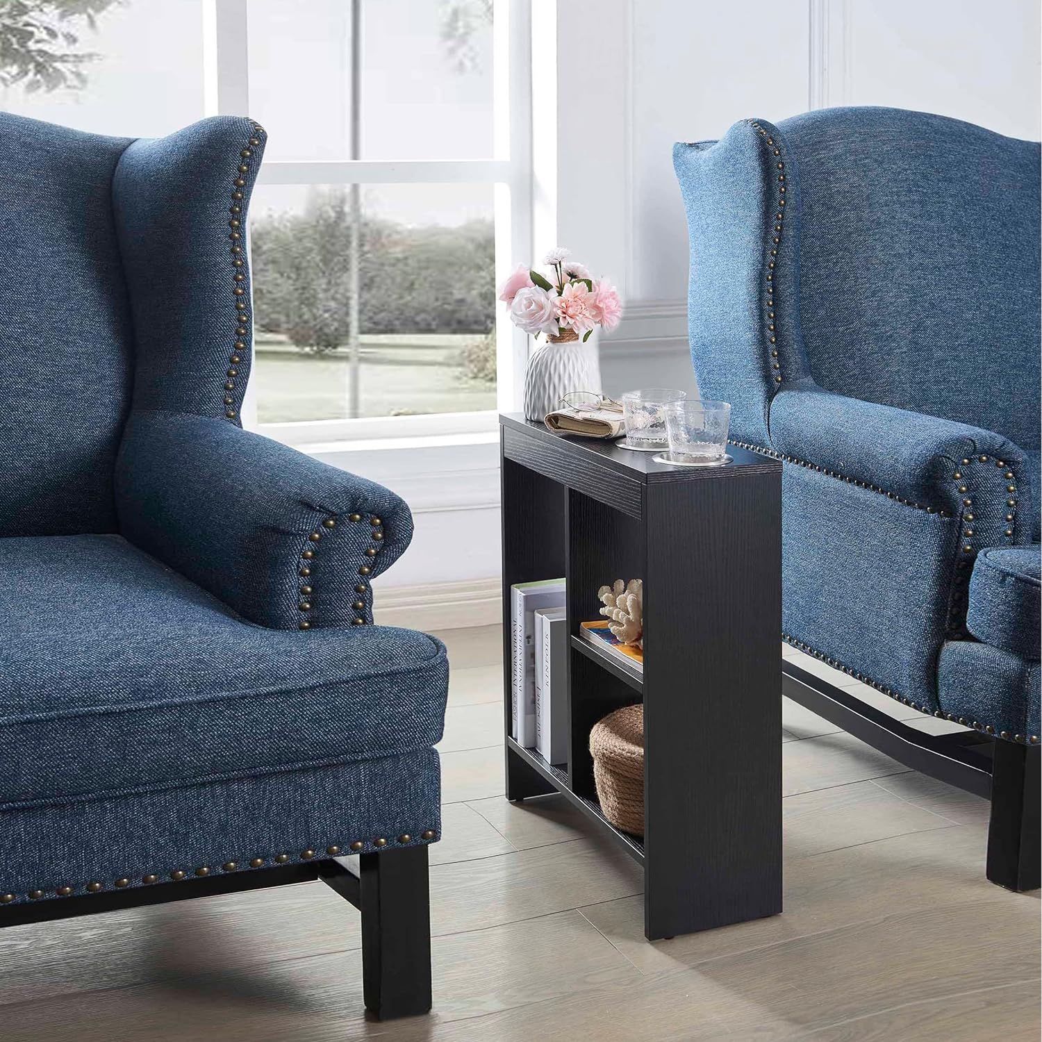 Slim Side Sofa End Table With Drink Holders And BuiltIn Shelving