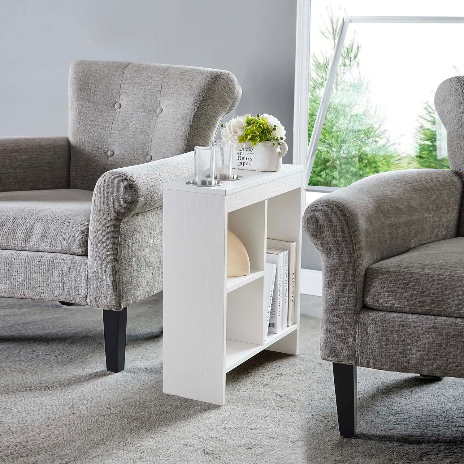 Slim Side Sofa End Table With Drink Holders And BuiltIn Shelving
