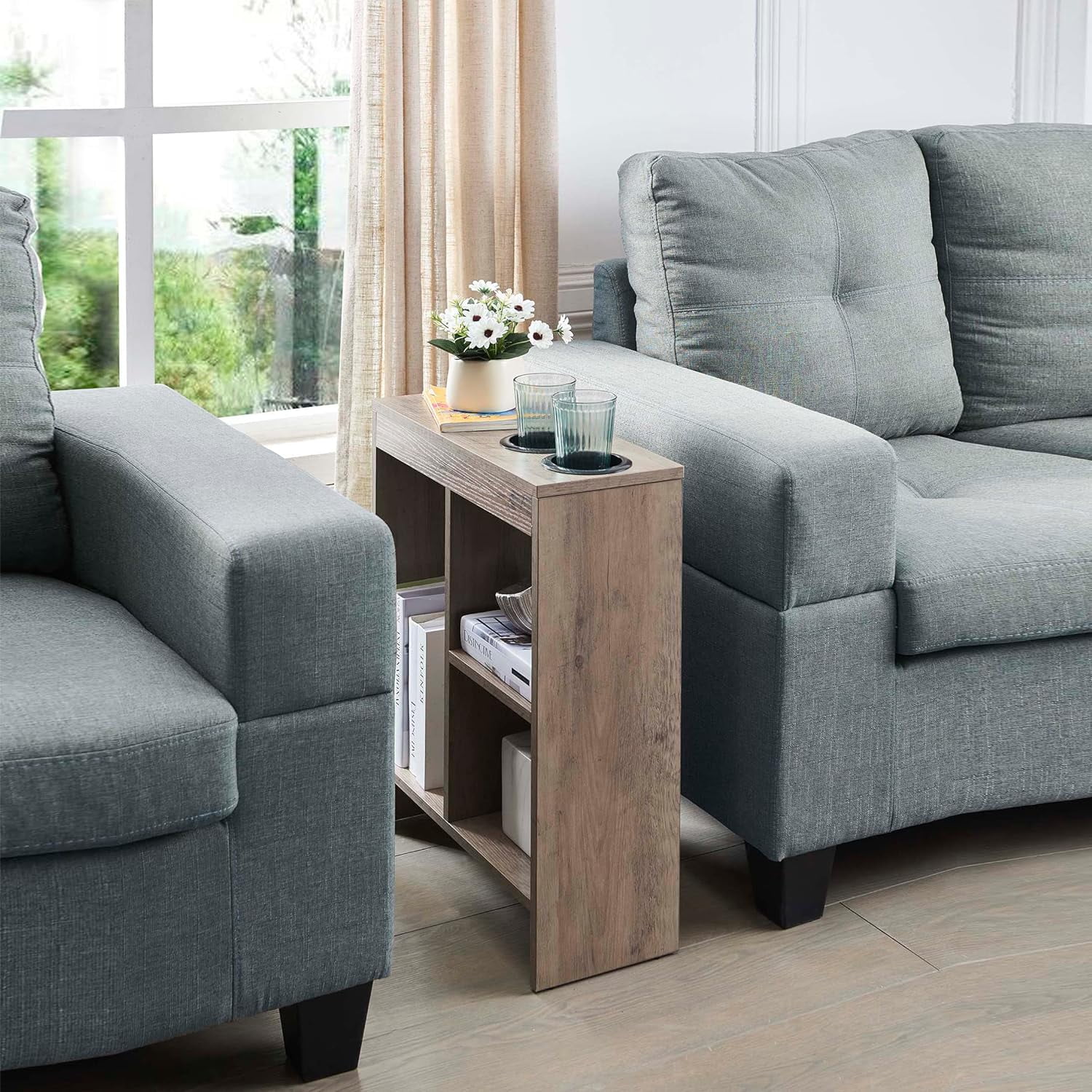  Slim Side Sofa End Table with Drink Holders and Builtin Shelving