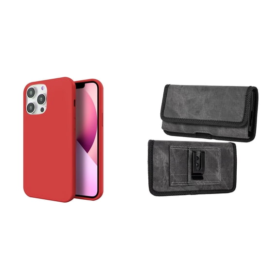 Slim Silicone Case and Belt Holster Pouch for iPhone 14 Pro (Red/Gray)