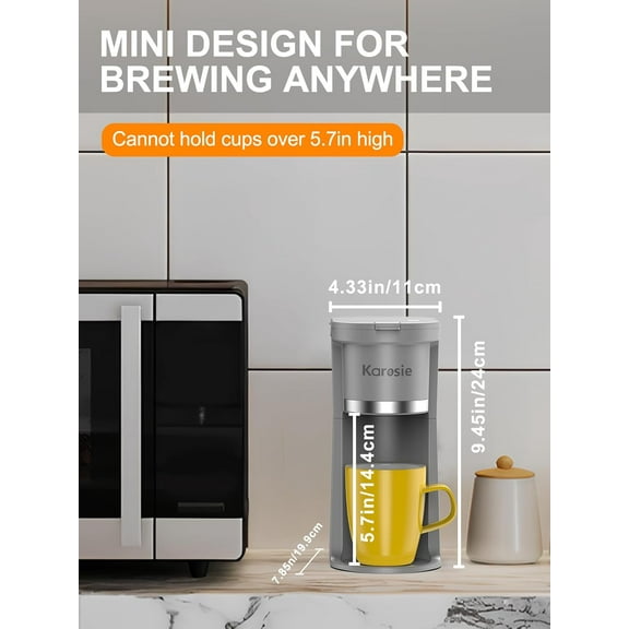 Slim Single Serve Coffee Maker, Fast Brew for K-Cup & Ground Coffee Small One Cup Coffee Maker, 6-12 Oz Brew Sizes, Coffee Machine with Descaling Reminder and Water Window,Grey