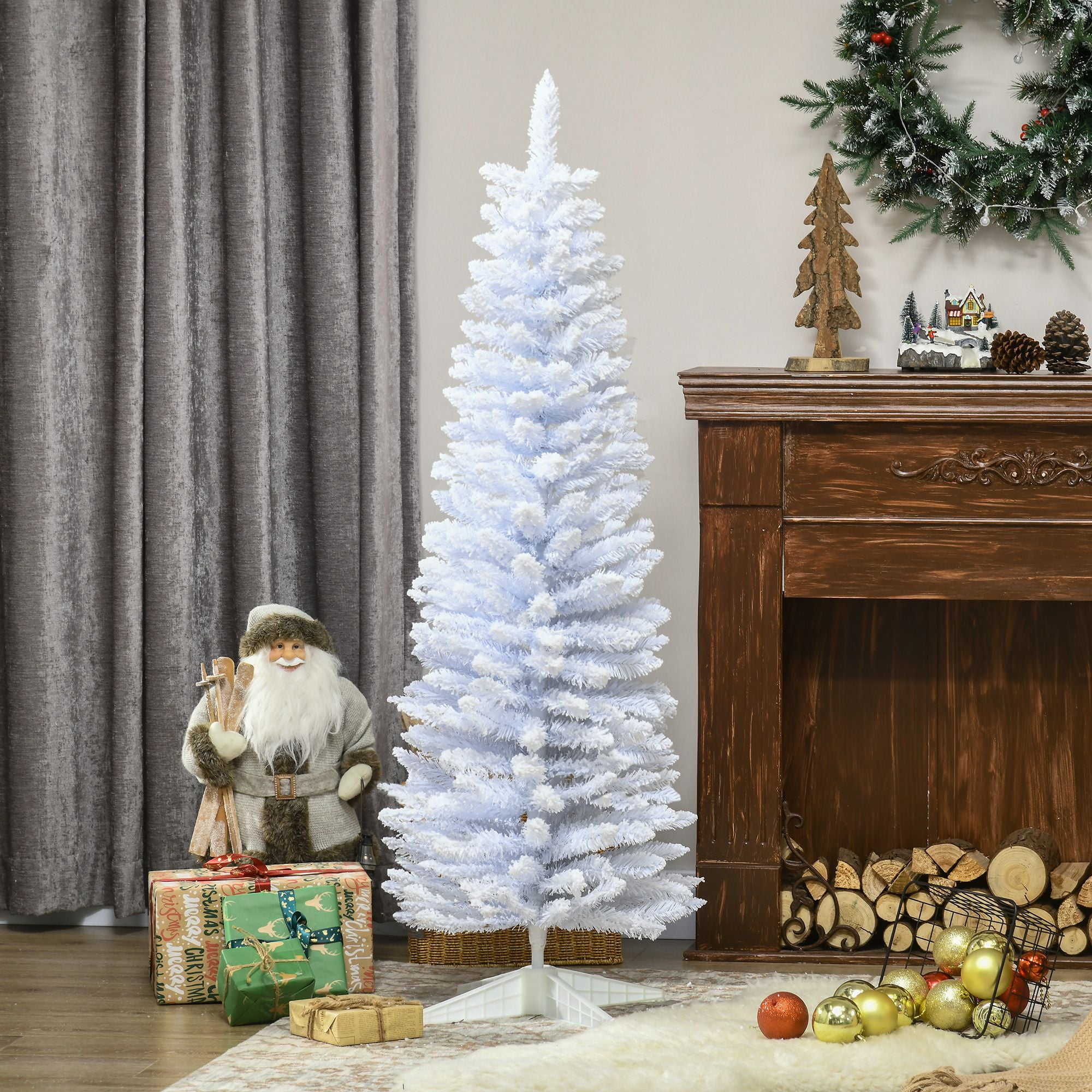 Slim Snow Flocked Artificial Pencil Christmas Tree, 5 ft, 294 Tips, Indoor Holiday Decoration