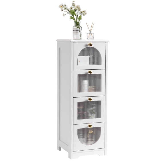 Slim Space-Saving Entryway Storage Cabinet - 4-Drawer Freestanding Organizer - White Wooden Furniture for Bathroom, Living Room, Small Spaces - Color: White