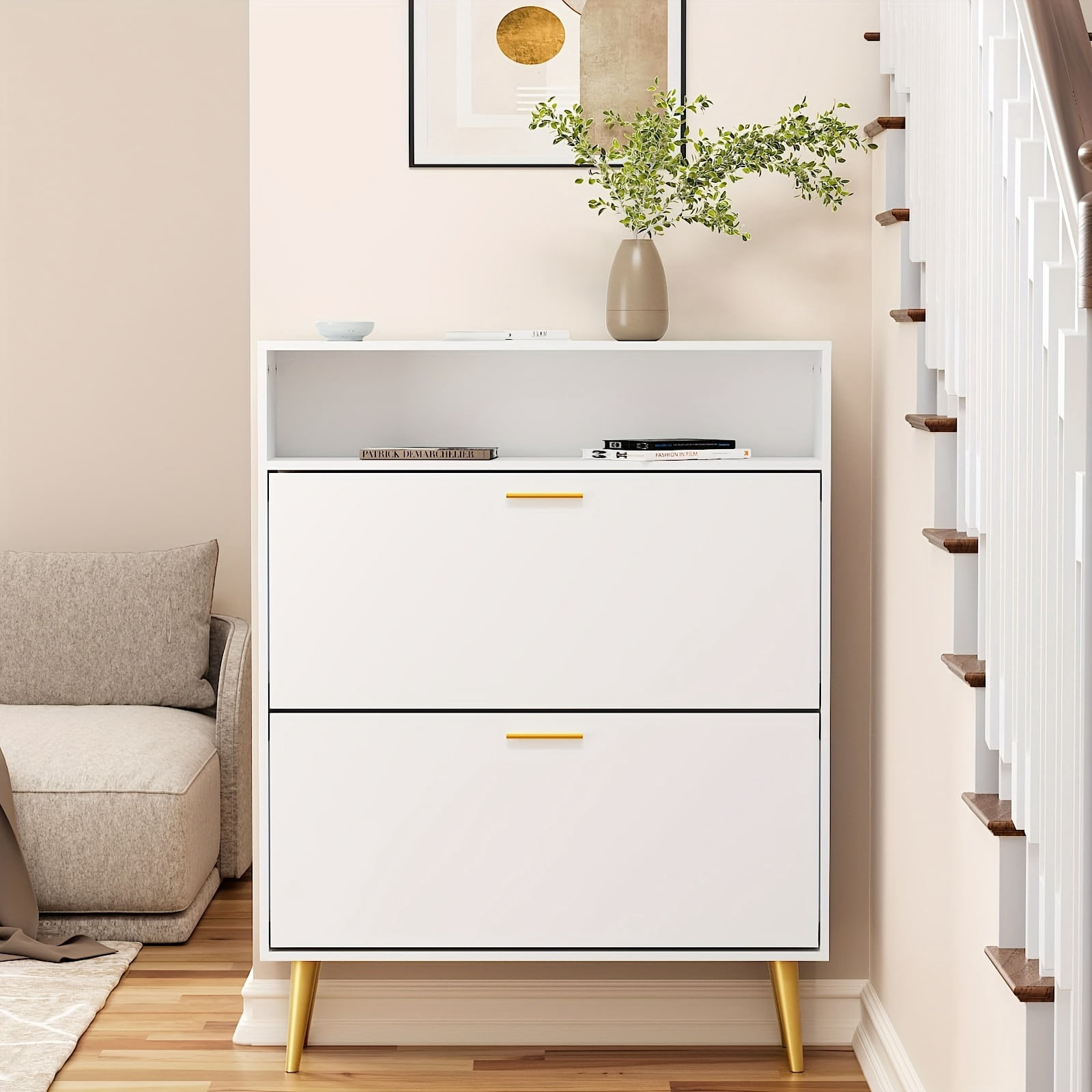 Lockable Shoe Rack Slim Narrow Shoe Storage Cabinet with 2 Lockable Flip Drawers & Open ...
