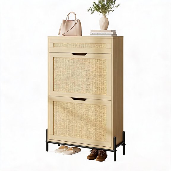 Slim Space-Saving Shoe Rack Rattan Effect,12-15 Pairs of Narrow Shoe Cabinet with Drawers, Adjustable Shelves, Ventilated Farmhouse Style
