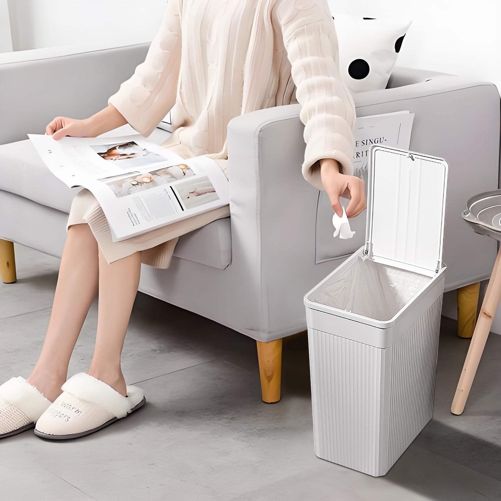 Slim Spring-Lid Garbage Bin | Narrow Space-Saving Trash Can | Kitchen ...