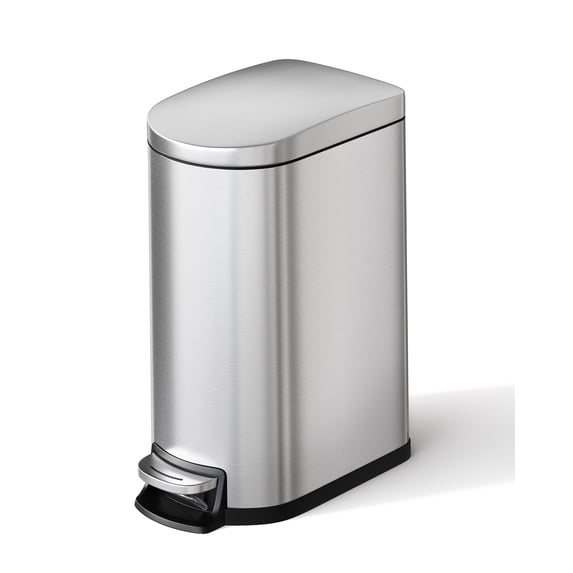 Slim Stainless Steel Step Trash Can 2.6 Gallon/10L with Lid - Soft Close, Removable Inner Bucket, Rear Handle, Waterproof, Space-Saving Waste Bin for Bathroom, Kitchen, Office - Stainless Steel Color
