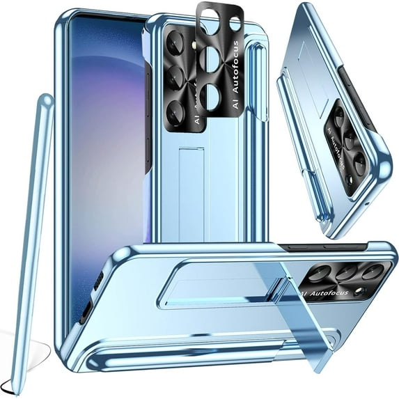 Slim Stand Cases Compatible Samsung Galaxy S23 Kickstand Case Men Women Blue,Full Protective Hard Plating PC Cover with Metal Camera Protector Case for Samsung Galaxy S23 Phone Case with S Pen