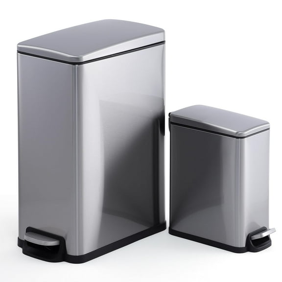 Slim Step-On Stainless Steel Trash Can Combo Set – 12 Gallon & 2.6 Gallon – Removable Inner Buckets – Soft-Close Lids – Space-Saving – Ideal for Kitchen, Bathroom, Office