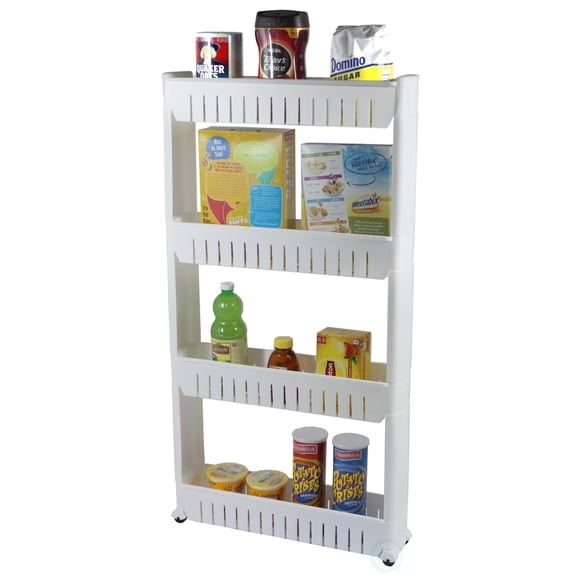 Basicwise Slim Storage Cart - 4 Tier Rolling Organizer Cabinet with Adjustable Shelves, Wheels, Freestanding, Fits Between Fridge and Counter, for Kitchen, Bathroom, Laundry, 4.75" W x 40.2" H, White