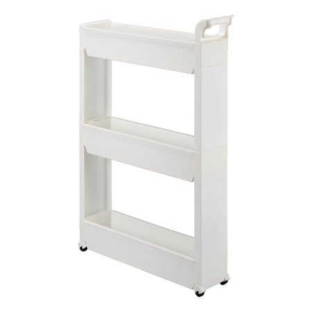 Slim Storage Cart with 3 Baskets/Shelves and Rolling Casters for Kitchen, Laundry, and Small Space Storage, Durable Plastic - Measures 21" Long x 5" Wide x 28 1/4" High