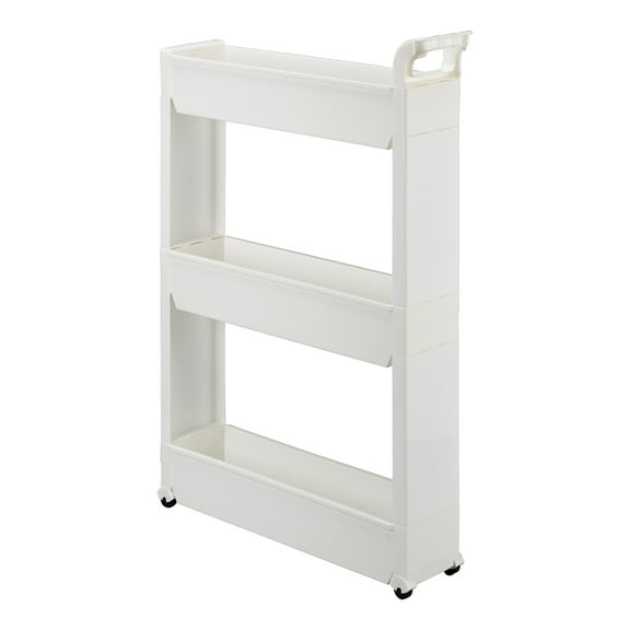 Slim Storage Cart with 3 Baskets/Shelves and Rolling Casters for Kitchen, Laundry, and Small Space Storage, Durable Plastic - Measures 21" Long x 5" Wide x 28 1/4" High