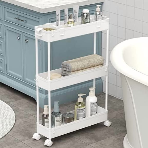 Slim Storage Cart 3 Tier,Bathroom Organizer Rolling Utility, Mobile Shelving Unit Slide Out for Office, Kitchen, Laundry Room & Narrow Places,White