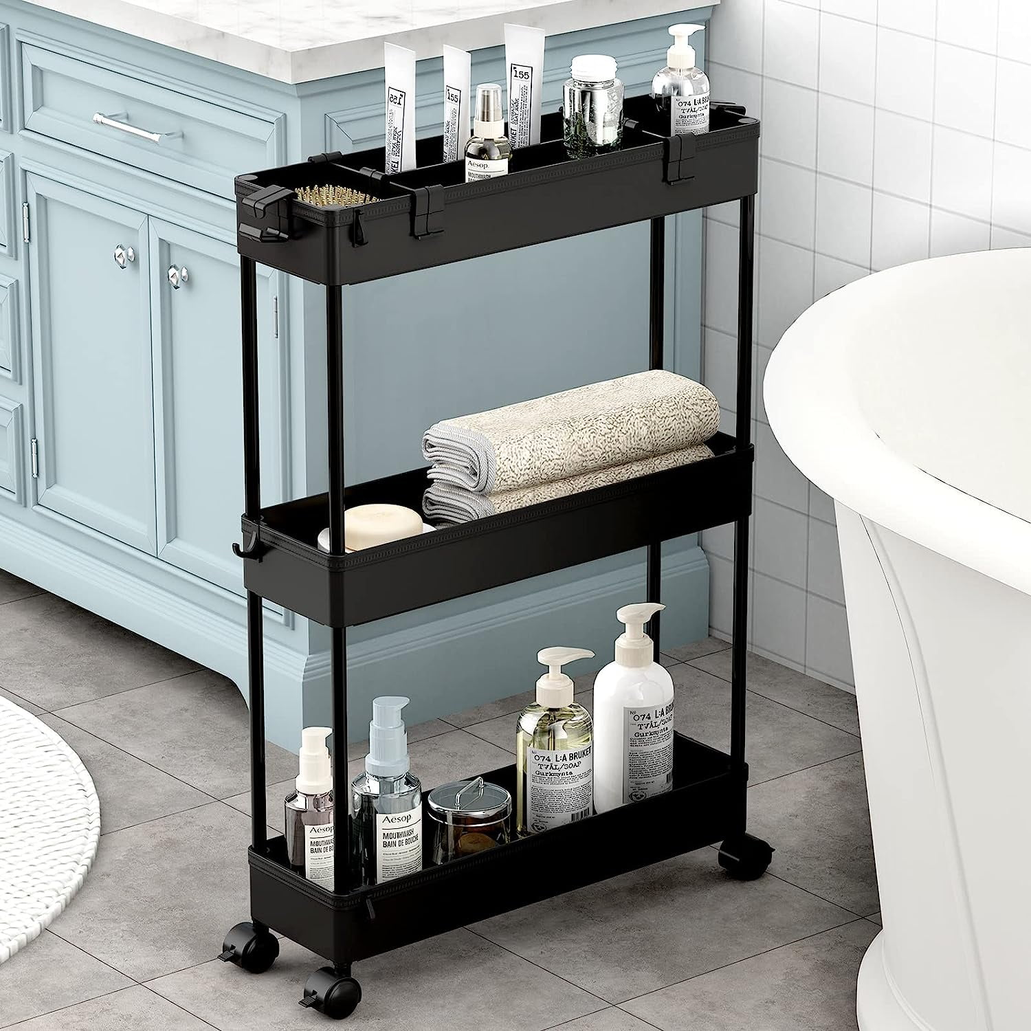 Slim Storage Cart,3 Tier Bathroom Rolling Slide Out Utility Cart ...