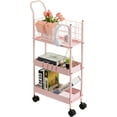 thumbnail image 1 of Slim Storage Cart, 3 Tier Metal Slim Rolling Cart with Handle, Hooks and Hanging Cups, Narrow Kitchen Carts with Wheels for Bathroom, Kitchen, Laundry Room, Office, Small Spaces, Pink, 1 of 8
