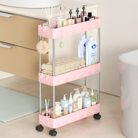 Cshidworld Storage Cart 3 Tier Slim Cart, Rolling Utility Cart Storage Organizer Slide Out Cart, Mobile Shelving Unit Organizer Trolley for Office Bathroom Kitchen Laundry Narrow Places, Pink