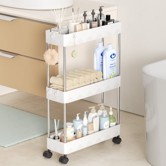 Cshidworld Storage Cart 3 Tier Slim Cart, Rolling Utility Cart Storage Organizer Slide Out Cart, Mobile Shelving Unit Organizer Trolley for Office Bathroom Kitchen Laundry Narrow Places, White
