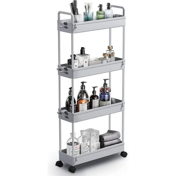 Slim Storage Cart, 4 Tier Bathroom Organizer Mobile Shelving Unit, Rolling Utility Cart Slide Out Organizer for Kitchen, Bathroom, Laundry, Narrow Places, Gray