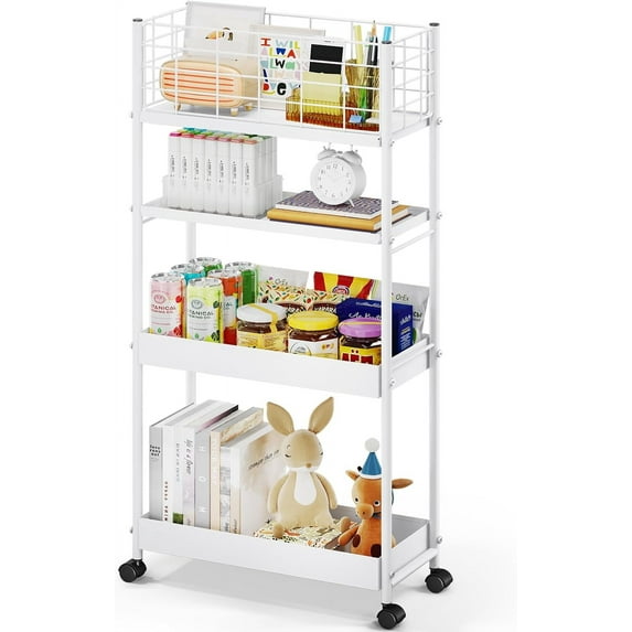 Slim Storage Cart, 4-Tier Metal Utility Rolling Cart with Wheels, Narrow Mobile Shelving Unit, Bathroom Storage Organizer, for Office, Kitchen Bathroom, Laundry Room, Narrow Places, White
