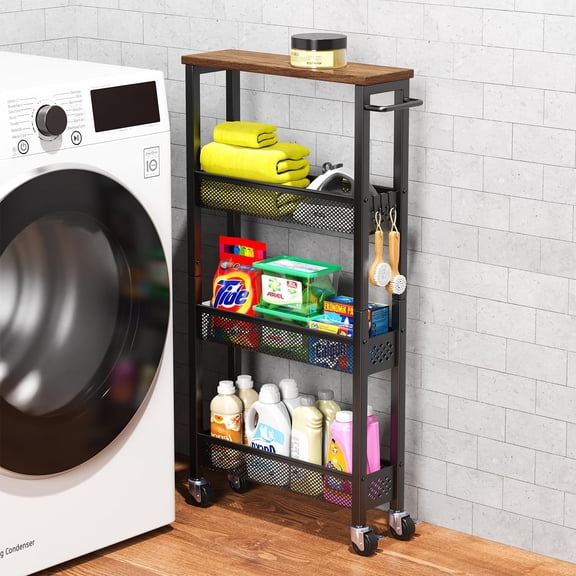 Slim Storage Cart 4 Tier Narrow Kitchen Rolling Cart on Wheels for Small Space, Mobile Utility Cart Shelving Unit with Wooden Top and Metal Handle for Kitchen, Bathroom, Laundry Room